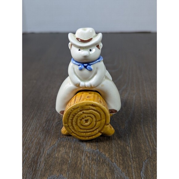 VTG Salt and Pepper Set Cowboy On Log Ceramic Shiny Glaze Made In Japan 4 in - Picture 1 of 9